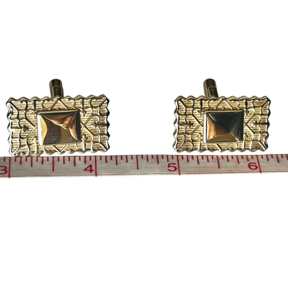 Vintage Gold-Tone Cufflinks & Tie Clip Set With Fleur De Lis & Heart Scroll Desi